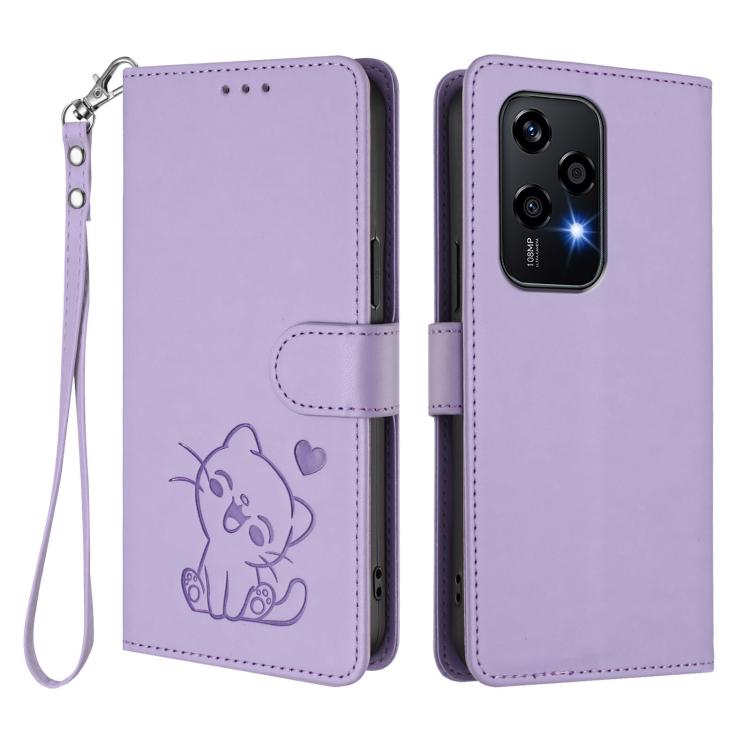 For Honor 200 Lite Global Embossed Heart Cat Leather Phone Case with Hand Strap