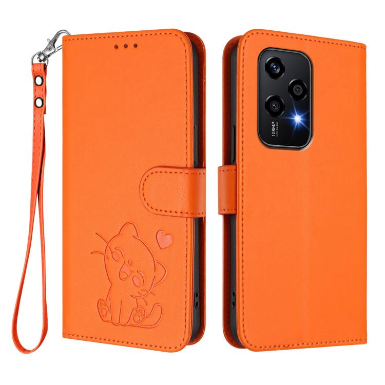 For Honor 200 Lite Global Embossed Heart Cat Leather Phone Case with Hand Strap
