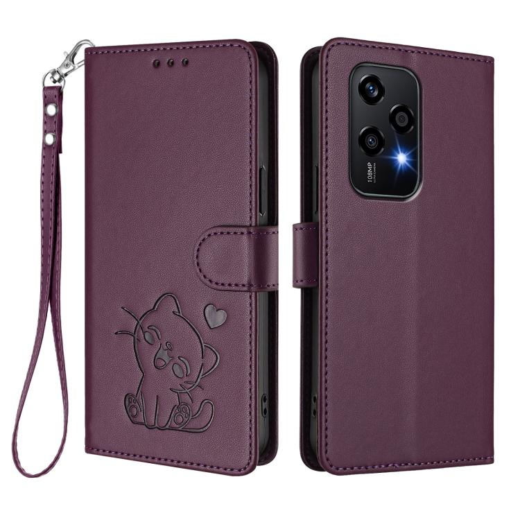 For Honor 200 Lite Global Embossed Heart Cat Leather Phone Case with Hand Strap