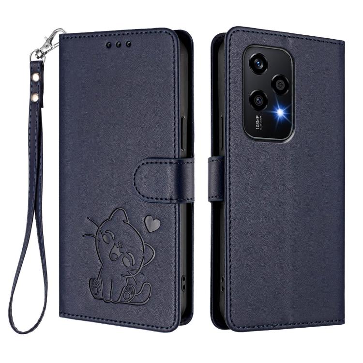 For Honor 200 Lite Global Embossed Heart Cat Leather Phone Case with Hand Strap