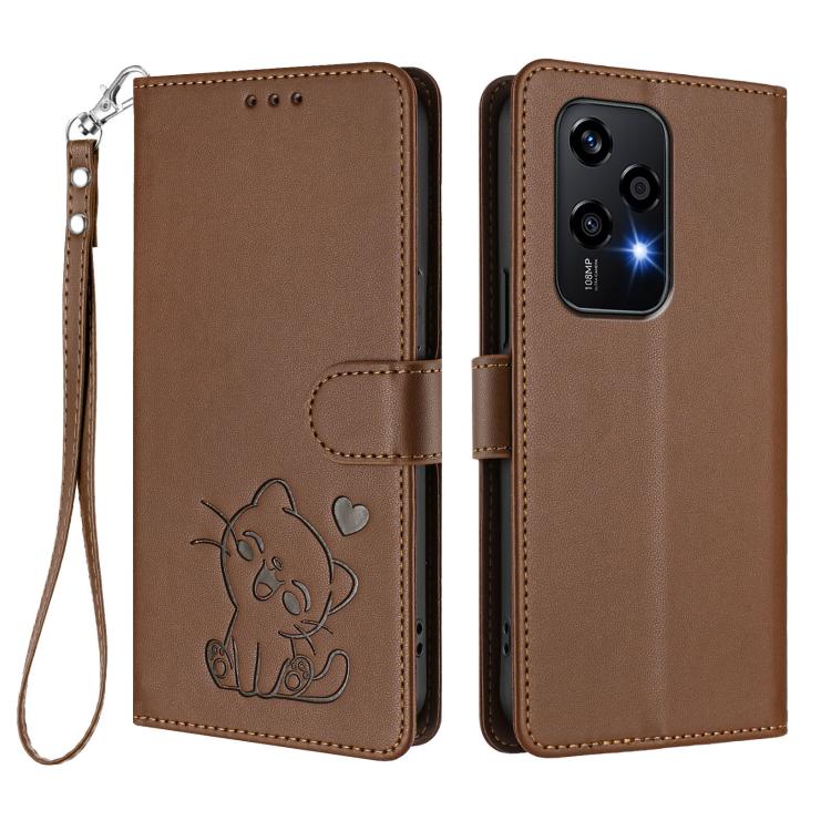 For Honor 200 Lite Global Embossed Heart Cat Leather Phone Case with Hand Strap