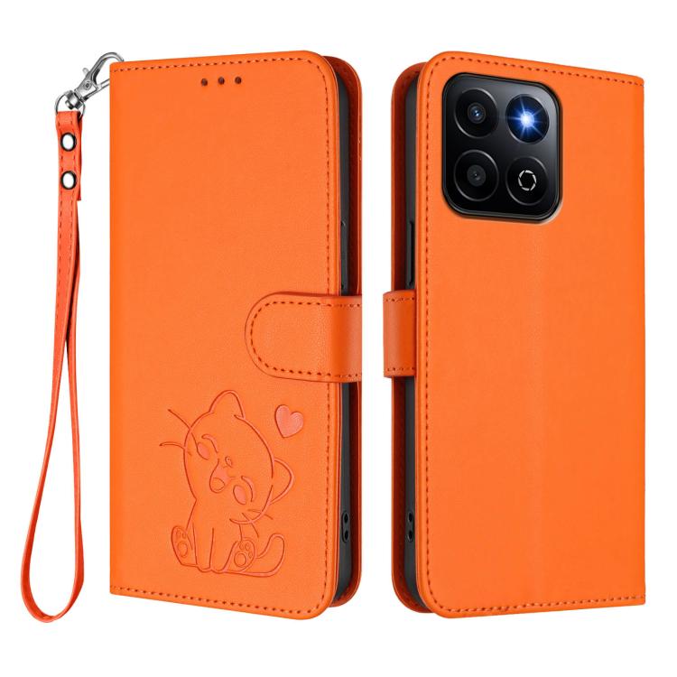 For Honor 200 Smart / Play 9T 5G / X7C 4G Embossed Heart Cat Leather Phone Case with Hand Strap