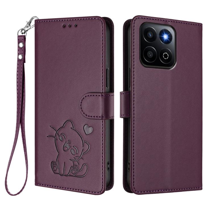 For Honor 200 Smart / Play 9T 5G / X7C 4G Embossed Heart Cat Leather Phone Case with Hand Strap