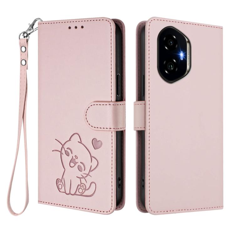 For Honor 300 Embossed Heart Cat Leather Phone Case with Hand Strap