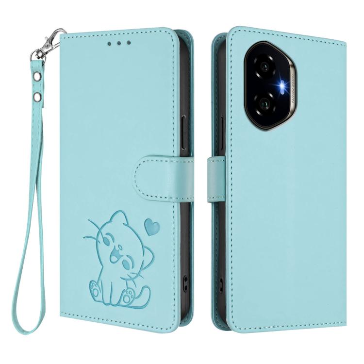 For Honor 300 Embossed Heart Cat Leather Phone Case with Hand Strap