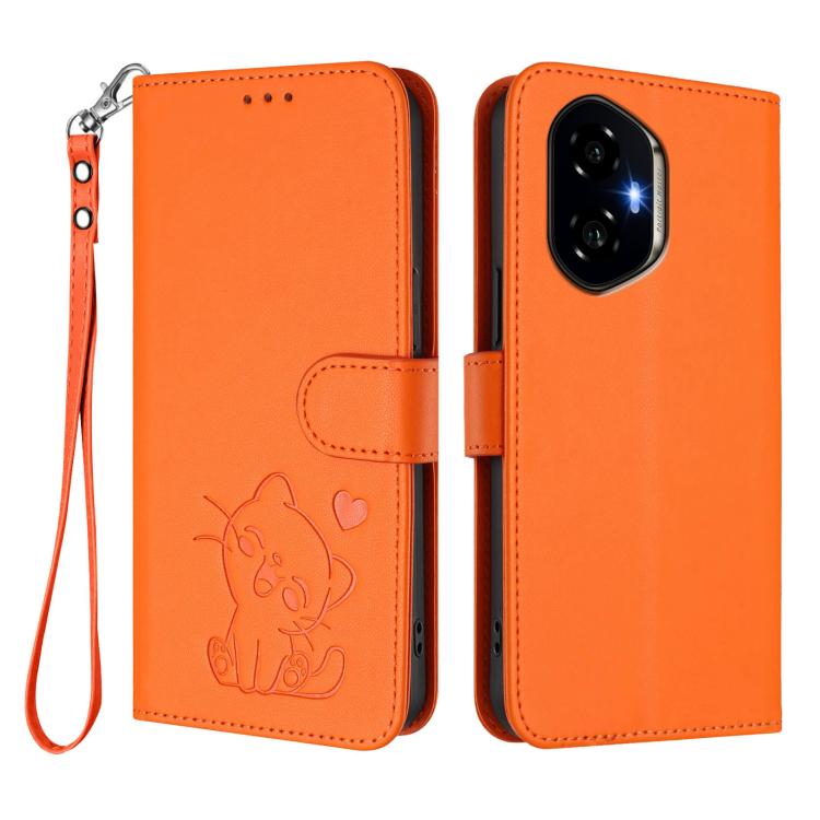 For Honor 300 Embossed Heart Cat Leather Phone Case with Hand Strap