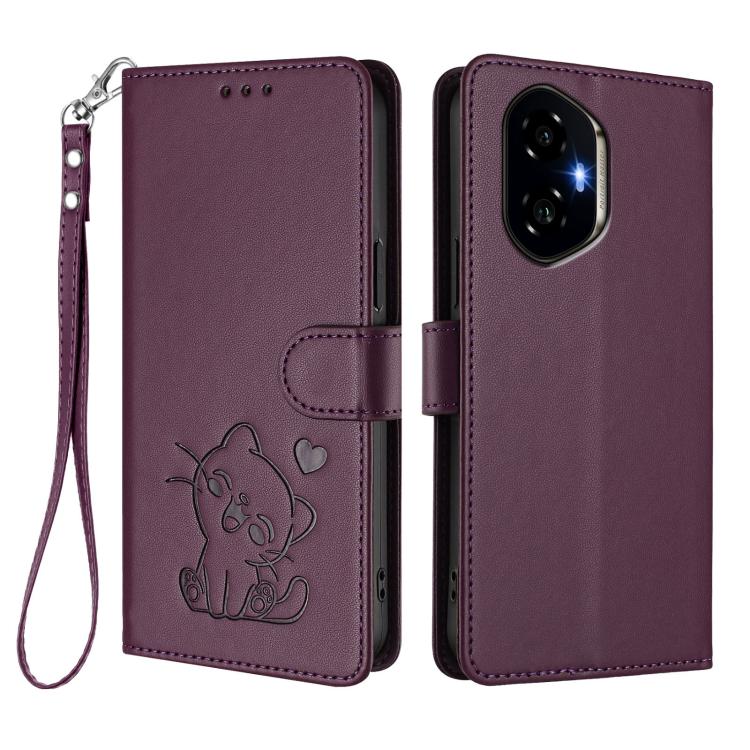 For Honor 300 Embossed Heart Cat Leather Phone Case with Hand Strap