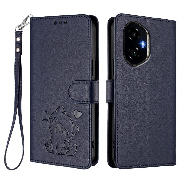 For Honor 300 Embossed Heart Cat Leather Phone Case with Hand Strap