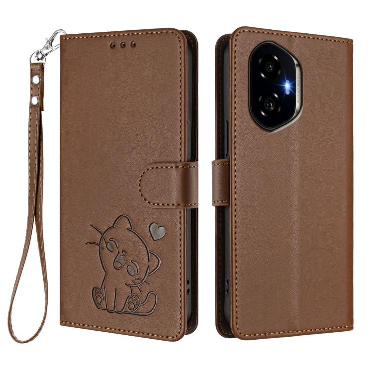 For Honor 300 Embossed Heart Cat Leather Phone Case with Hand Strap