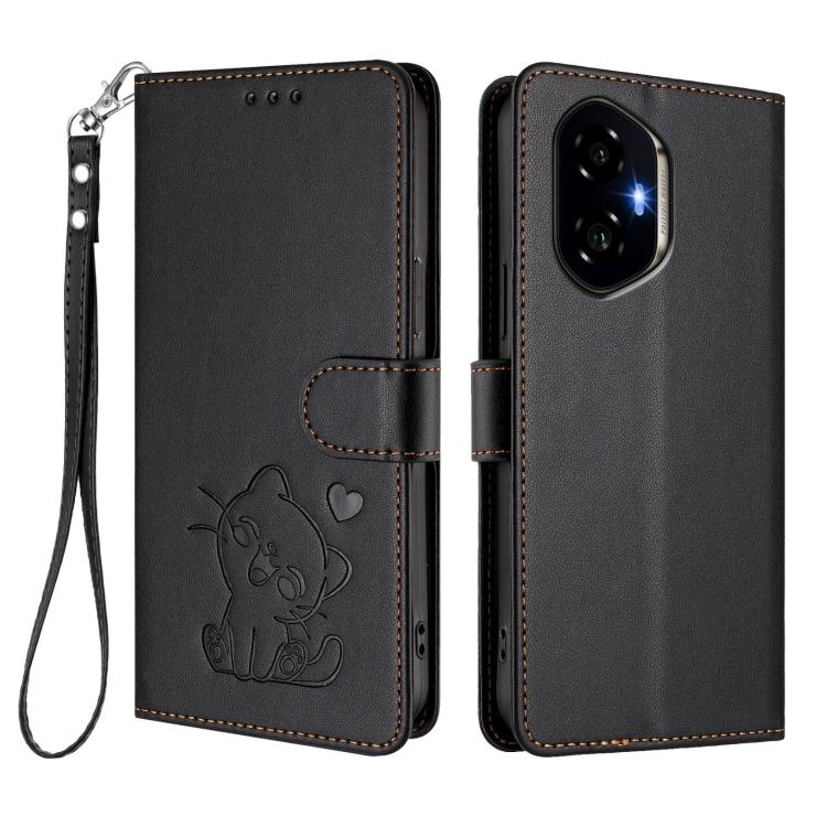 For Honor 300 Embossed Heart Cat Leather Phone Case with Hand Strap
