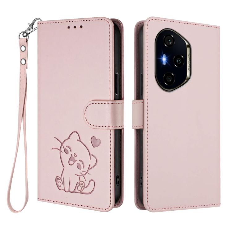For Honor 300 Pro / Honor 300 Ultra Embossed Heart Cat Leather Phone Case with Hand Strap