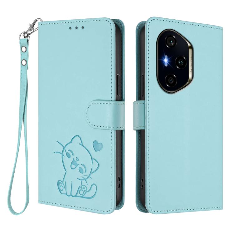 For Honor 300 Pro / Honor 300 Ultra Embossed Heart Cat Leather Phone Case with Hand Strap