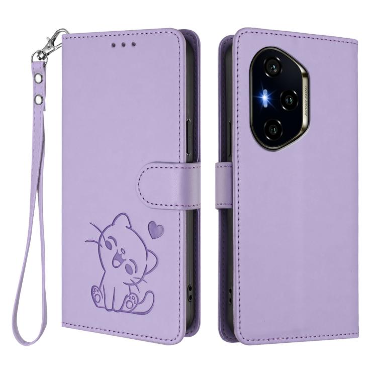 For Honor 300 Pro / Honor 300 Ultra Embossed Heart Cat Leather Phone Case with Hand Strap
