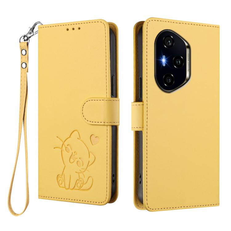 For Honor 300 Pro / Honor 300 Ultra Embossed Heart Cat Leather Phone Case with Hand Strap