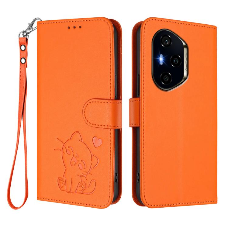For Honor 300 Pro / Honor 300 Ultra Embossed Heart Cat Leather Phone Case with Hand Strap