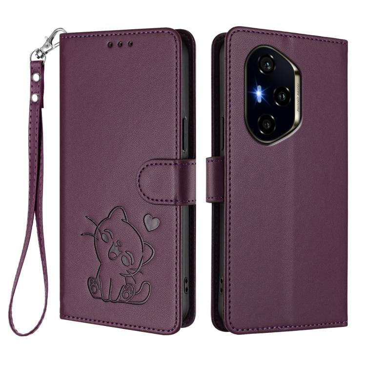 For Honor 300 Pro / Honor 300 Ultra Embossed Heart Cat Leather Phone Case with Hand Strap