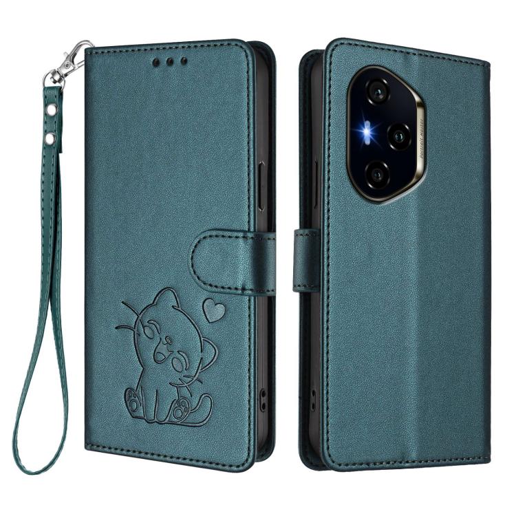 For Honor 300 Pro / Honor 300 Ultra Embossed Heart Cat Leather Phone Case with Hand Strap