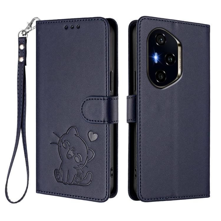For Honor 300 Pro / Honor 300 Ultra Embossed Heart Cat Leather Phone Case with Hand Strap