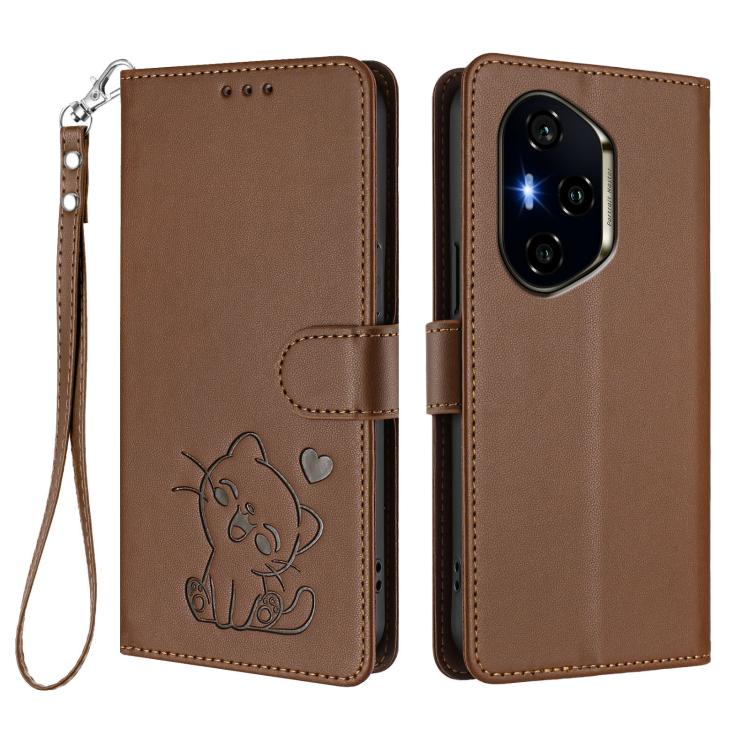 For Honor 300 Pro / Honor 300 Ultra Embossed Heart Cat Leather Phone Case with Hand Strap