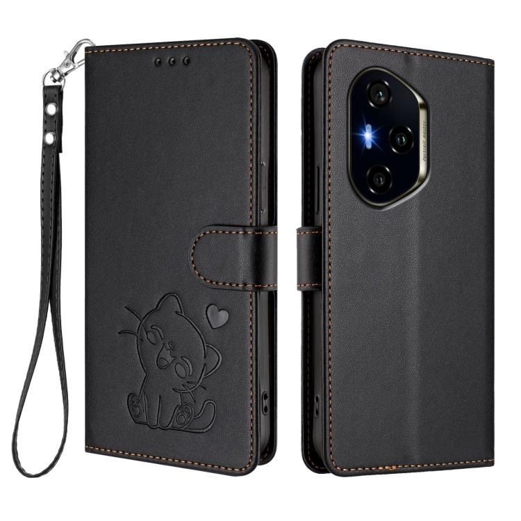 For Honor 300 Pro / Honor 300 Ultra Embossed Heart Cat Leather Phone Case with Hand Strap