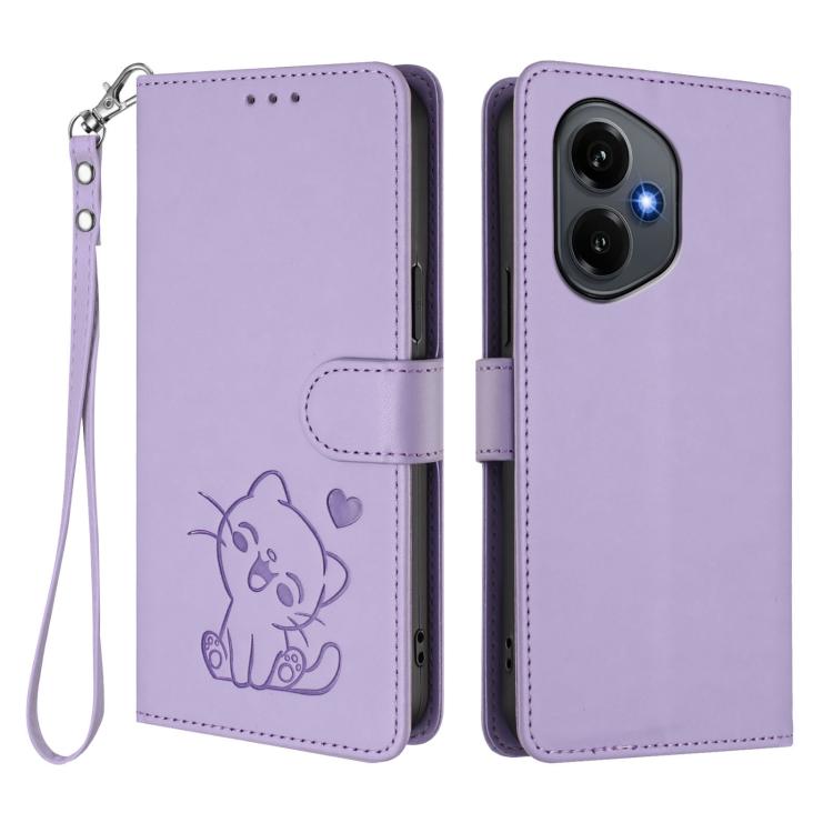 For Honor 400 Global 156.5mm Embossed Heart Cat Leather Phone Case with Hand Strap