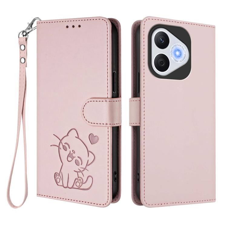 For Honor 400 Lite Global Embossed Heart Cat Leather Phone Case with Hand Strap