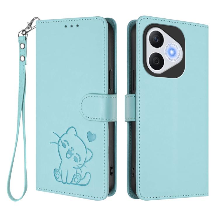 For Honor 400 Lite Global Embossed Heart Cat Leather Phone Case with Hand Strap