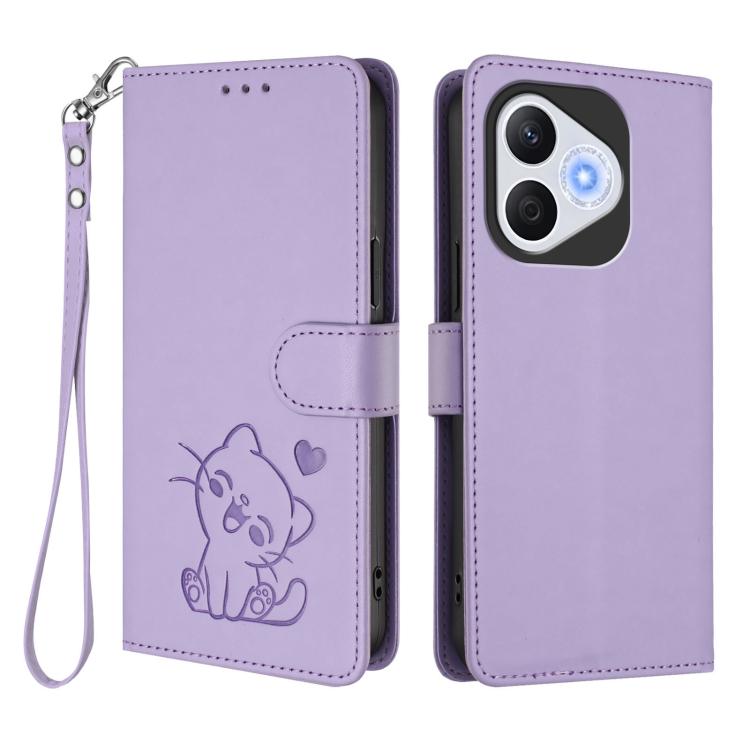 For Honor 400 Lite Global Embossed Heart Cat Leather Phone Case with Hand Strap