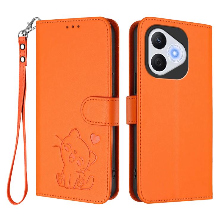 For Honor 400 Lite Global Embossed Heart Cat Leather Phone Case with Hand Strap