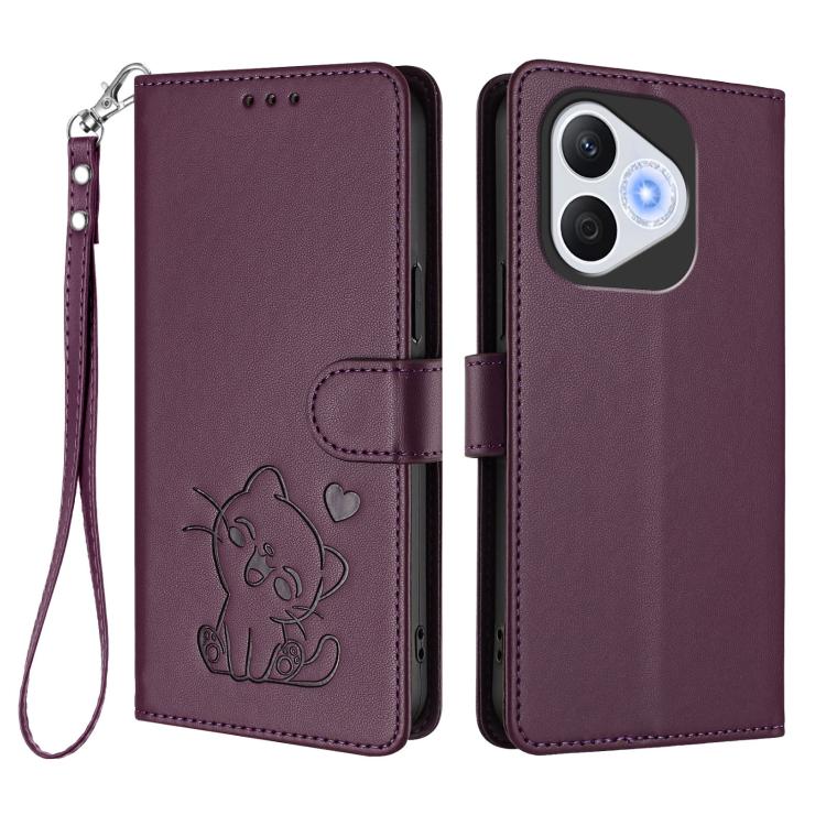 For Honor 400 Lite Global Embossed Heart Cat Leather Phone Case with Hand Strap