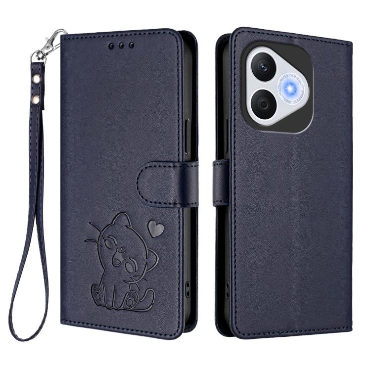 For Honor 400 Lite Global Embossed Heart Cat Leather Phone Case with Hand Strap