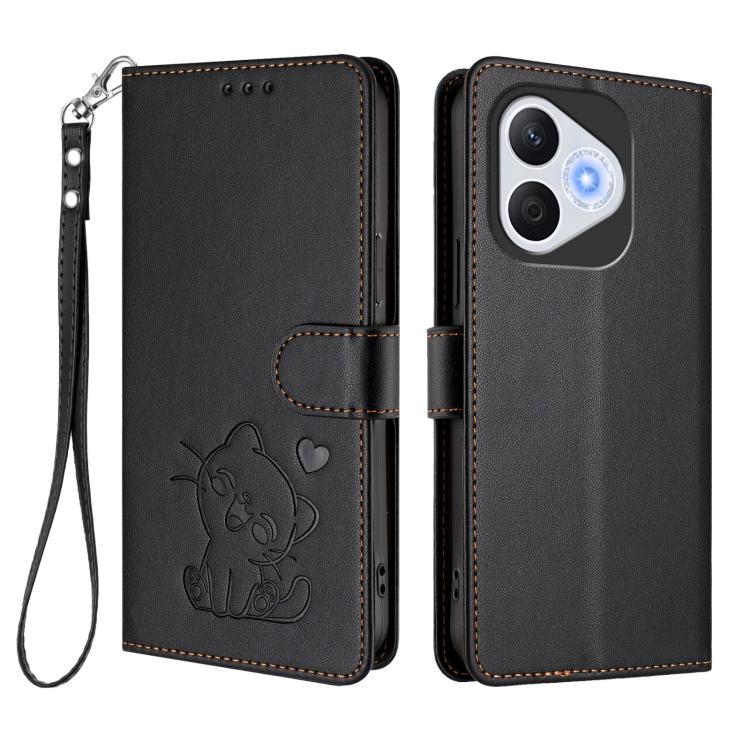 For Honor 400 Lite Global Embossed Heart Cat Leather Phone Case with Hand Strap