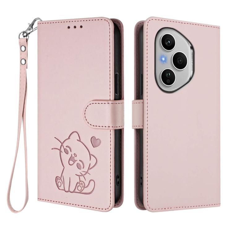 For Honor 400 Pro Global 160.8mm Embossed Heart Cat Leather Phone Case with Hand Strap