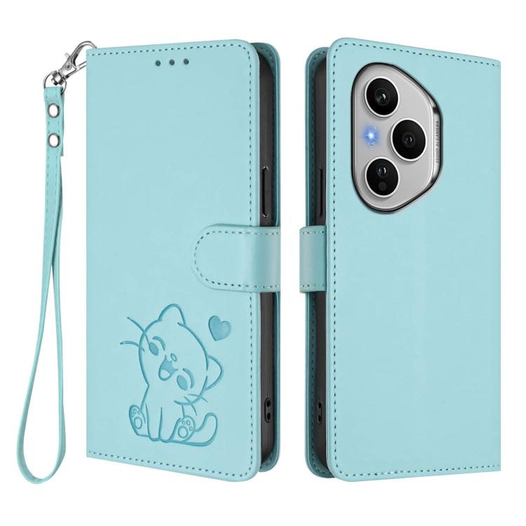 For Honor 400 Pro Global 160.8mm Embossed Heart Cat Leather Phone Case with Hand Strap