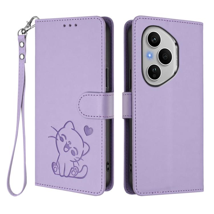 For Honor 400 Pro Global 160.8mm Embossed Heart Cat Leather Phone Case with Hand Strap