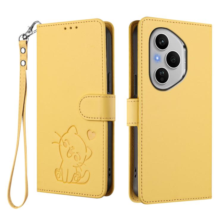 For Honor 400 Pro Global 160.8mm Embossed Heart Cat Leather Phone Case with Hand Strap