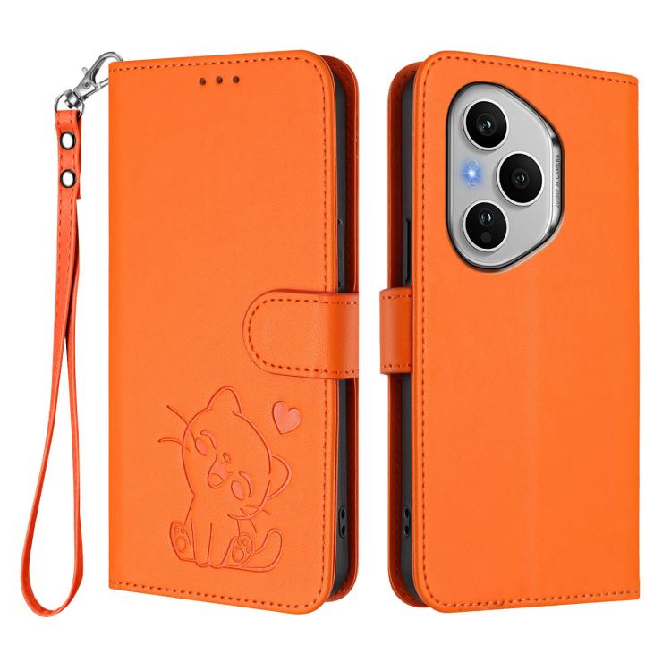 For Honor 400 Pro Global 160.8mm Embossed Heart Cat Leather Phone Case with Hand Strap