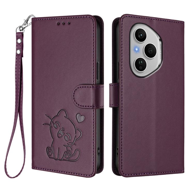 For Honor 400 Pro Global 160.8mm Embossed Heart Cat Leather Phone Case with Hand Strap