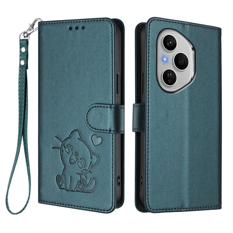 For Honor 400 Pro Global 160.8mm Embossed Heart Cat Leather Phone Case with Hand Strap