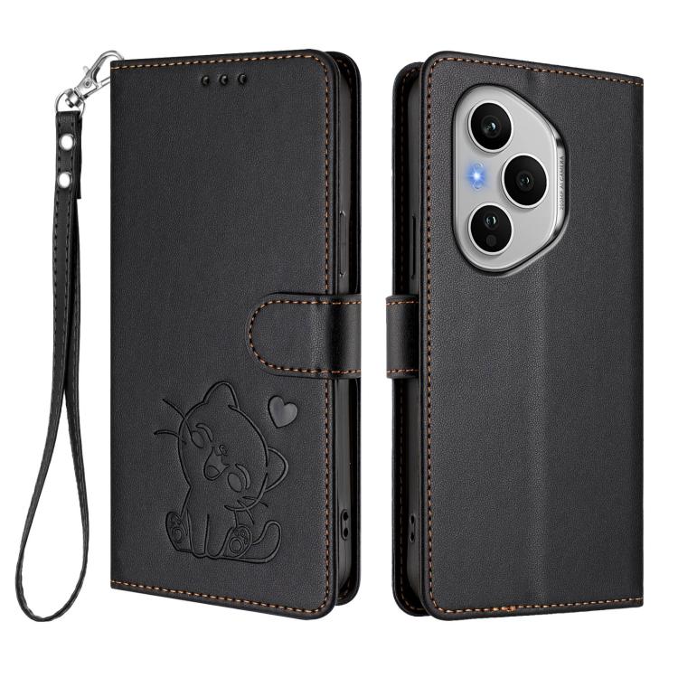 For Honor 400 Pro Global 160.8mm Embossed Heart Cat Leather Phone Case with Hand Strap