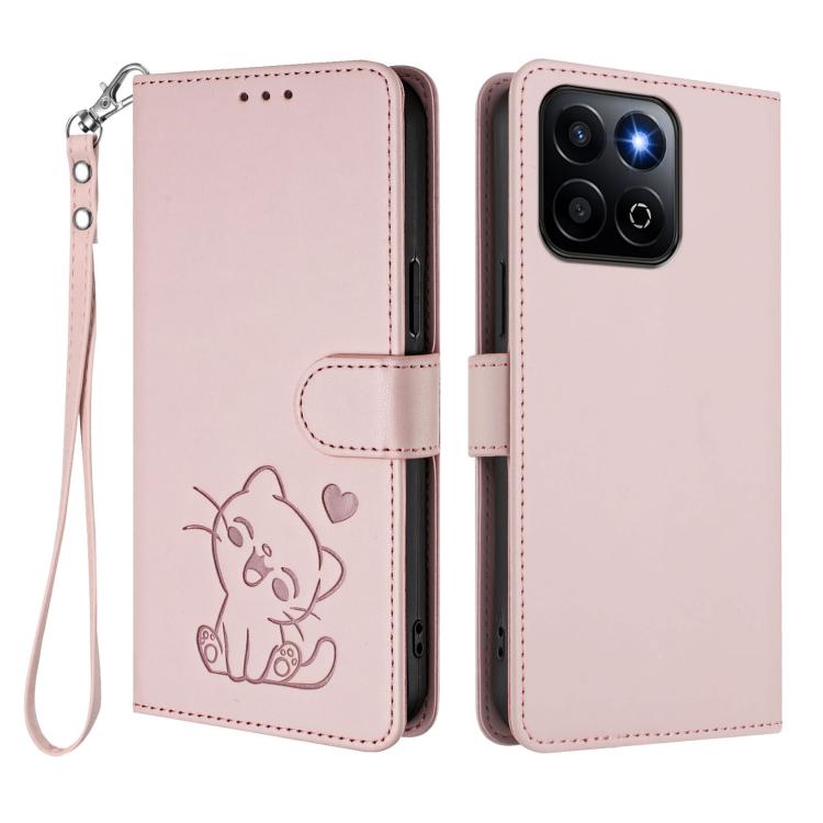 For Honor 400 Smart 5G Embossed Heart Cat Leather Phone Case with Hand Strap