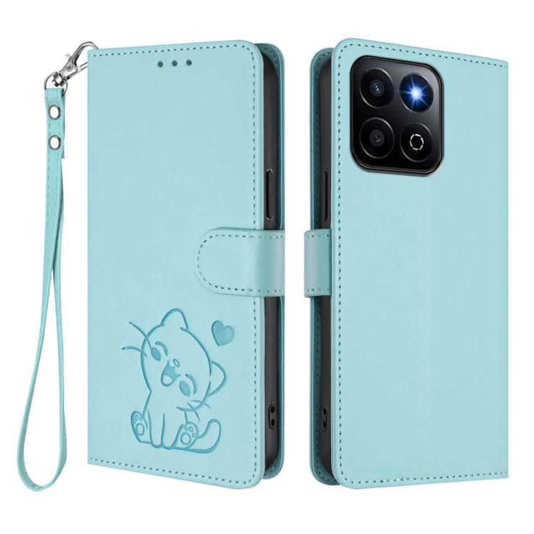 For Honor 400 Smart 5G Embossed Heart Cat Leather Phone Case with Hand Strap