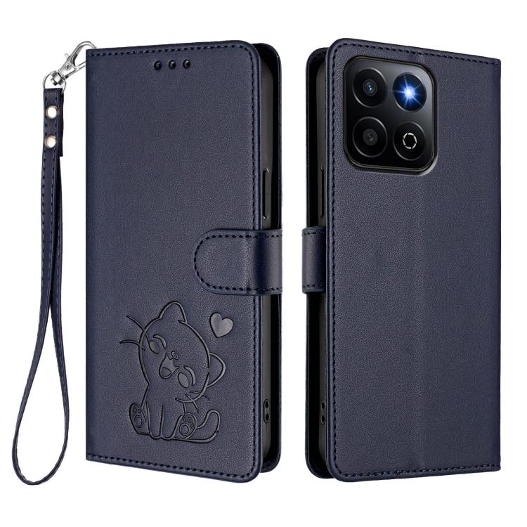 For Honor 400 Smart 5G Embossed Heart Cat Leather Phone Case with Hand Strap