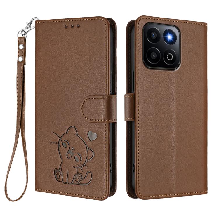For Honor 400 Smart 5G Embossed Heart Cat Leather Phone Case with Hand Strap