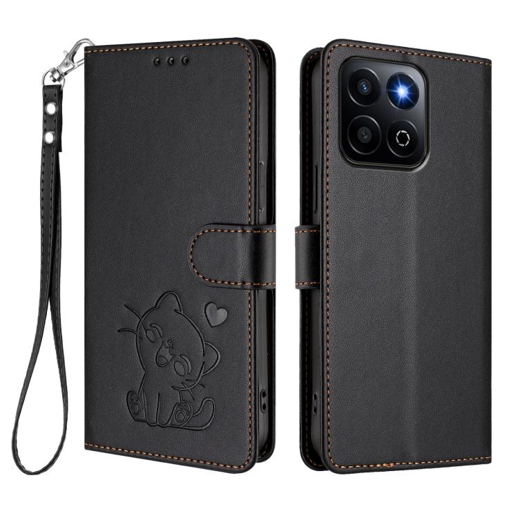 For Honor 400 Smart 5G Embossed Heart Cat Leather Phone Case with Hand Strap
