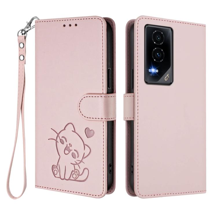 For Honor GT Embossed Heart Cat Leather Phone Case with Hand Strap
