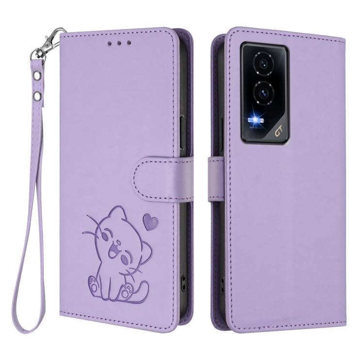For Honor GT Embossed Heart Cat Leather Phone Case with Hand Strap