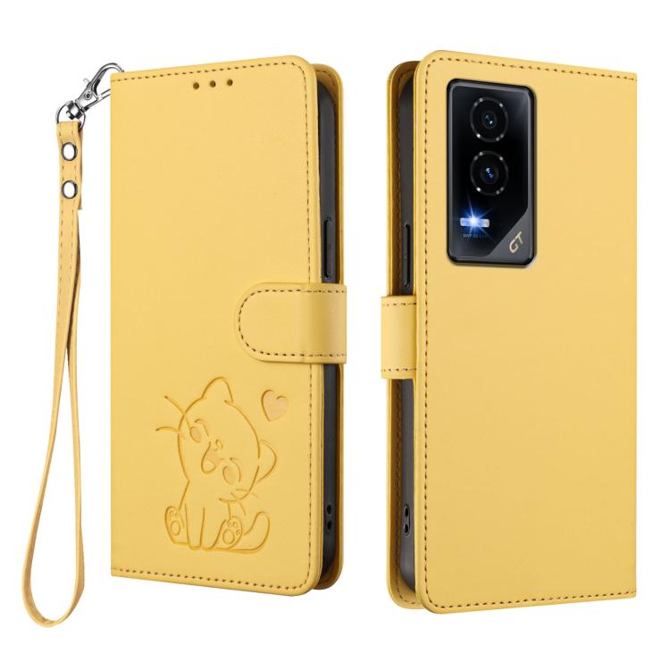 For Honor GT Embossed Heart Cat Leather Phone Case with Hand Strap