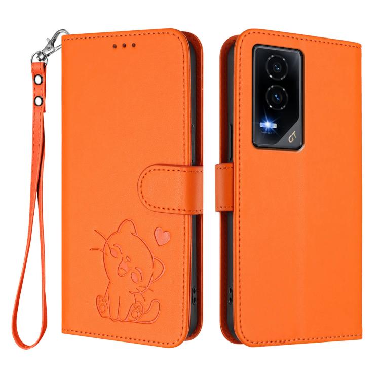 For Honor GT Embossed Heart Cat Leather Phone Case with Hand Strap