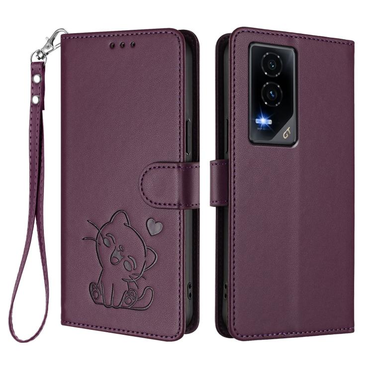 For Honor GT Embossed Heart Cat Leather Phone Case with Hand Strap